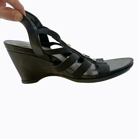 Impo Viera Stretch Black Wedge Strappy Sandals 8.5 M Silver Embellished Open Toe - Picture 6 of 10